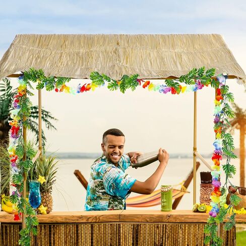 Jexine Tiki Bar Hut Tropical Tabletop Hut with 2 Pcs Decorative Artificial Monstera Tropical Garland Fake Tropical Jungle Hanging Plants for Summer Hawaiian Luau Beach Pool Party Decorations in Saudi Arabia