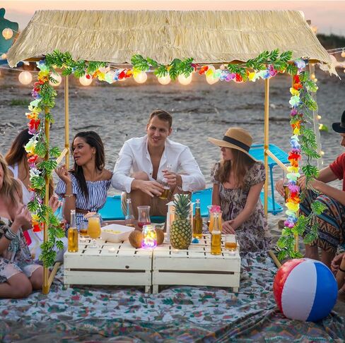 Jexine Tiki Bar Hut Tropical Tabletop Hut with 2 Pcs Decorative Artificial Monstera Tropical Garland Fake Tropical Jungle Hanging Plants for Summer Hawaiian Luau Beach Pool Party Decorations in Saudi Arabia