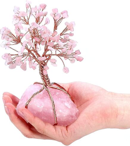 GEHECRST Natural Rose Quartz Healing Crystal Stone Tree Handmade Wire Wrapped Natural Quartz Crystal Gemstone Feng Shui Money Tree Ornament for Home Office Desk Deco Gifts for Mom Mother's Day in Saudi Arabia
