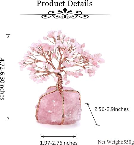 GEHECRST Natural Rose Quartz Healing Crystal Stone Tree Handmade Wire Wrapped Natural Quartz Crystal Gemstone Feng Shui Money Tree Ornament for Home Office Desk Deco Gifts for Mom Mother's Day in Saudi Arabia