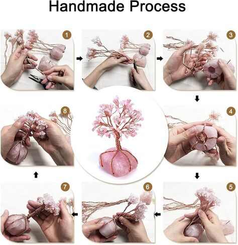 GEHECRST Natural Rose Quartz Healing Crystal Stone Tree Handmade Wire Wrapped Natural Quartz Crystal Gemstone Feng Shui Money Tree Ornament for Home Office Desk Deco Gifts for Mom Mother's Day in Saudi Arabia