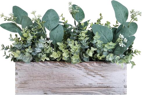 Winlyn Farmhouse Eucalyptus Arrangement in Rustic Rectangular Wooden Planter Artificial Eucalyptus Stems Greenery Centerpiece for Home Living Room Kitchen Counter Mantel Table Centerpiece Décor in Saudi Arabia