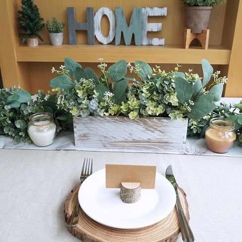 Winlyn Farmhouse Eucalyptus Arrangement in Rustic Rectangular Wooden Planter Artificial Eucalyptus Stems Greenery Centerpiece for Home Living Room Kitchen Counter Mantel Table Centerpiece Décor in Saudi Arabia