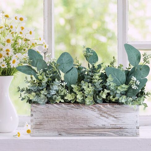 Winlyn Farmhouse Eucalyptus Arrangement in Rustic Rectangular Wooden Planter Artificial Eucalyptus Stems Greenery Centerpiece for Home Living Room Kitchen Counter Mantel Table Centerpiece Décor in Saudi Arabia