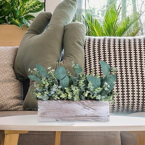 Winlyn Farmhouse Eucalyptus Arrangement in Rustic Rectangular Wooden Planter Artificial Eucalyptus Stems Greenery Centerpiece for Home Living Room Kitchen Counter Mantel Table Centerpiece Décor in Saudi Arabia