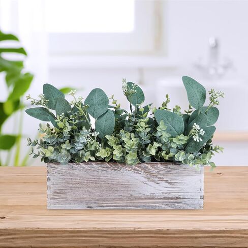 Winlyn Farmhouse Eucalyptus Arrangement in Rustic Rectangular Wooden Planter Artificial Eucalyptus Stems Greenery Centerpiece for Home Living Room Kitchen Counter Mantel Table Centerpiece Décor in Saudi Arabia