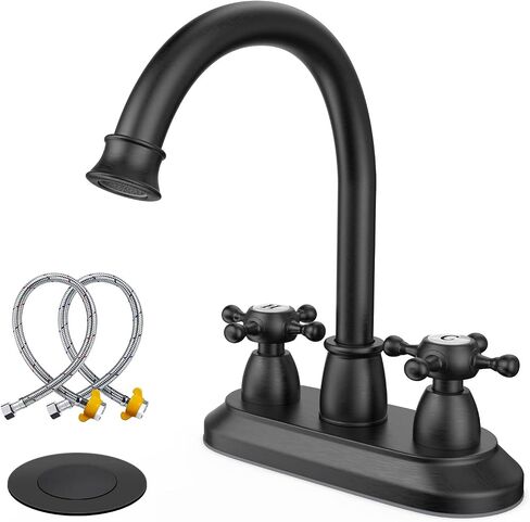 GOWIN Bathroom Faucet, 3-Hole, Matte Black, Sink Faucet, 4 Inch, 2-Handle, Swivel Gooseneck, Includes Drain Assembly, Stainless Steel in Saudi Arabia