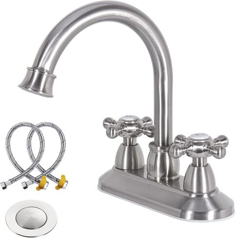 GOWIN Bathroom Faucet, 3-Hole, Matte Black, Sink Faucet, 4 Inch, 2-Handle, Swivel Gooseneck, Includes Drain Assembly, Stainless Steel in Saudi Arabia