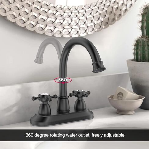GOWIN Bathroom Faucet, 3-Hole, Matte Black, Sink Faucet, 4 Inch, 2-Handle, Swivel Gooseneck, Includes Drain Assembly, Stainless Steel in Saudi Arabia