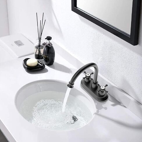 GOWIN Bathroom Faucet, 3-Hole, Matte Black, Sink Faucet, 4 Inch, 2-Handle, Swivel Gooseneck, Includes Drain Assembly, Stainless Steel in Saudi Arabia