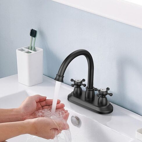 GOWIN Bathroom Faucet, 3-Hole, Matte Black, Sink Faucet, 4 Inch, 2-Handle, Swivel Gooseneck, Includes Drain Assembly, Stainless Steel in Saudi Arabia