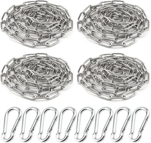 4 قطع سلسلة ربط من الفولاذ المقاوم للصدأ مقاس 1/8 بوصة، سلسلة ملف ربط شديدة التحمل بطول 26 قدمًا مع 8 قطع خطافات زنبركية، سلسلة ربط معدنية معلقة 3 مم لنباتات التأرجح وصلة سلسلة سحب مرساة in Kuwait