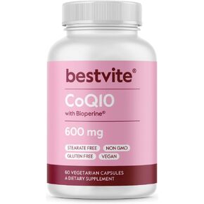 BESTVITE Coenzyme CoQ10 600mg per Capsule with Bioperine (60 Vegetarian Capsules) Naturally Fermented - No Titanium Dioxide - No Fillers - No Stearates - Vegan - Gluten Free - Non GMO