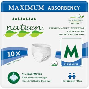 ملابس داخلية Nateen Flexi Maxi للبالغين من سلس البول، ملابس داخلية قابلة للسحب القصوى للجنسين، حماية من التسرب طوال الليل. (كبير جدًا، 10 قطع)