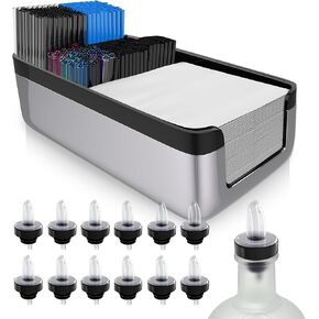 Esatto Professional Bar Products Premium Bar Caddy (Black), Used to Easily Organize Bar Items and Workspace, With Additional 12 Pourers For Precision Pouring and 12 Pourer Covers