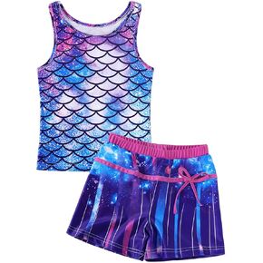 WonderBabe Girls Mermaid Swimsuit Two Piece Vest Style Bathing Suits with Boyshort Tankini Kids Rash Guard Swimwear