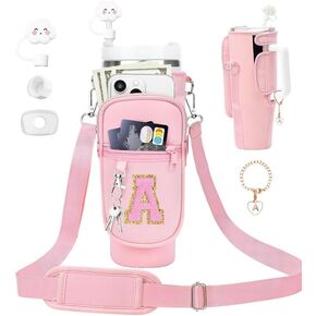 Initial A-Z Carrier Bag for Stanley Cup 40 oz, Stanley Cup Holder with Strap for Stanley 40 oz Tumbler with Handle, Stanley Cup Accessories with Stanley Cup Straw Cover - Spill Stopper - Letter Charm