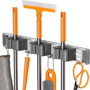 Unjumbly Broom Holder Wall Mount, Drilling Free Mop and Broom Holder with 2 Over Door Hooks, Tool Organizer for Laundry Room, Garage, Kitchen, Closet, Bathroom, Pantry - Space Grey