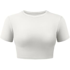 VOYJOY Womens Double Lined Fitted Short Sleeve Crop Tops Crew Neck Casual Workout T Shirts Cute Basic Tee