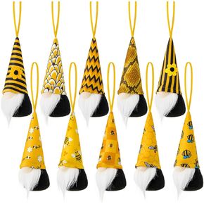 Bumble Bee Hanging Gnome Ornaments Set of 10, Handmade Swedish Honey Bee Elf World Bee Day Party Gift Summer Home Farmhouse Kitchen Plush Decor Bee Shelf Tree Ornaments