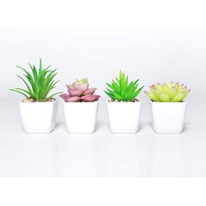DuHouse Fake Succulents Plants Artificial Potted Faux Plant in Mini Square White Pots for Home Office Bathroom Desk Shelf Decor Set of 4(Green)
