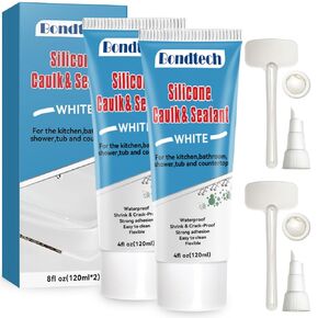 8Oz White Silicone Caulk Bathroom, White Caulking Silicone Waterproof, Bathroom Caulk for Kitchen & Bathroom, Shower, Countertops, Long-lasting, Shrink & Crack Proof (4Oz, Pack of 2)