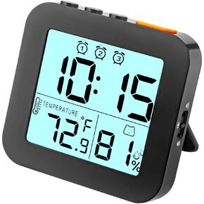 Digital Alarm Clock, Battery Operated Desk Clock with 3 Bells, Small and Light Travel Clock with Temperature, Portable Clock with Humidity, Snooze, 12/24H Display for Heavy Sleepers (White)