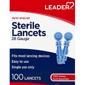 Leader Sterile Lancets, Ultra Thin 28 Gauge, Single Use, Universal Designed for Diabetic Blood Glucose Testing, 100 Count Per Box Lancets, 1-Box