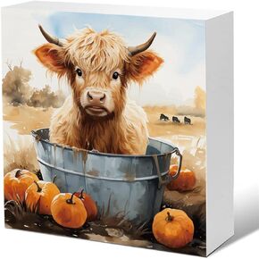 Fall Decor Autumn Pumpkin Cow Wood Plaque Block Sign Farmhouse Fall Home Decorations for Desk Table Shelf 5 X 5 Inches