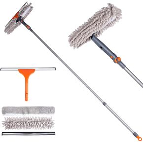 Squeegee Window Cleaner Set 2-in-1 Multi-Surface Cleaning Tool with Extendable Pole, Detachable Microfiber Cloths Bendable Head for Indoor & Outdoor Glass for Car Indoor Outdoor High Windows