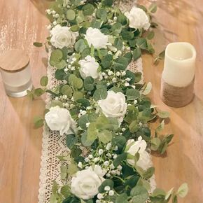 Eucalyptus Garland with Flowers for Wedding Dining Room Decor Artificial Greenery Decoration Party Mantle Bridal Shower Decoration Centerpiece Flower Table Runner Fake Rose Gypsophila Garland