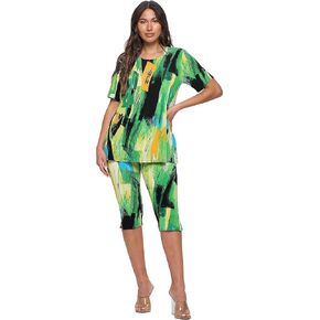Jostar Women's 2 Piece Set – Short Sleeve T Shirts Top and Capri Pants with Side Slit Stretchy Casual Outfit 9003BN-SRP1-W379-GRN M