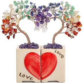 Jovivi Natural 7 Chakra Love Heart Crystal Tree on Crematic Base,2Pcs Handmade Gemstone Bonsai Crystal Money Tree for Home Office Wedding Ceremony Valentines Day Birthday Chakra Crystals Gift