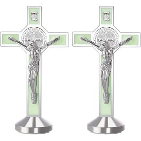 2 Pieces 3 Inch Metal Enamel Saint Benedict Medal Standing Crucifix Glow in The Dark Crucifix Wall Cross Religious Gifts,Sticker on bottom to stick on Table Top,Car or Home Altar (Red)