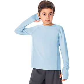 Haloumoning Boys Long Sleeve Rash Guard Swim Shirt Kids Quick Dry Athletic Shirts with Side Pockets