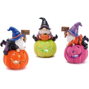 Valery Madelyn Halloween Gnomes Pumpkin Decorations with Lights, Set of 3 Resin Cute Gnomes Statues for Home Decor, 5.5inch Elf Dwarf Flocked Figurines for Table Party Indoor Decor