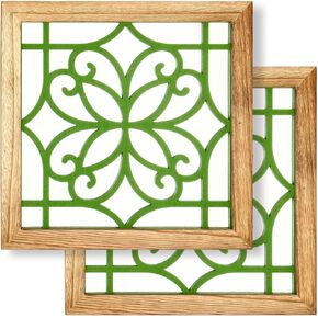 2 PCS Square Wood Wall Mirror, 3D Fresh Rustic Farmhouse Mirror, 12"x12" Wood Color Wall Mirror Decor for Bedrooms, Kitchen, Bathroom, Living Rooms and More (Green)