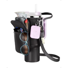 Water Bottle Carrier Bag with Pocket for Stanley Cup 40 oz, Dual-Layer Protection for Stanley Cup Holder with Strap Adjustable for Stanley Cup Accessories (Black)