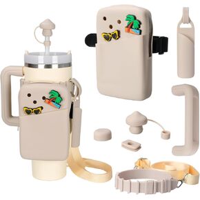 7 PCS Stanley Cup Accessories Set Including Water Bottle Phone Holder, Straw Cover, Spill Stoppers, Chapstick Holder, Handle Protective Cover and Strap, Suitable for Stanley Tumbler (Beige)