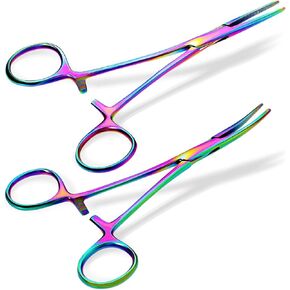 Natiqind 2 Pieces Hemostat Curved and Straight Hemostat Forceps Piercing Pliers Forceps, 5.5 Inch Stainless Steel Straight and Curved Pliers, Fishing Hemostats (Rainbow)