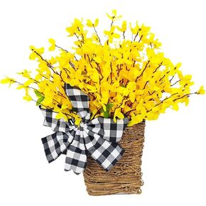 BestAlice Flower Wreaths, Spring Wreath Hanging Ratten Basket Wreath with Ribbon, Artificial Peony Front Door Garland, Spring Summer Wreath for Wall Wedding Door Decoration (Yellow)
