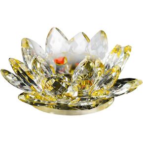Quaanti 7 Colors Crystal Glass Lotus Flower Candle Tea Light Holder Buddhist Candlestick Wedding Bar Party Home Decor (Yellow)