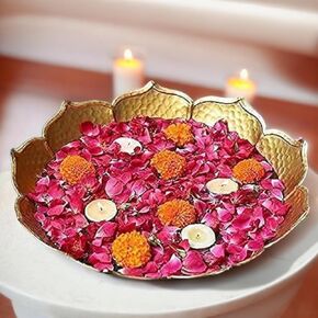 Pack of 5 Gold Lotus Urli Bowl for Water Floating Flowers Pot and Tea Light Candles Holder, Traditional Metal Bowl for Wedding Pooja Home Office Table Diwali Decoration