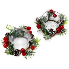Christmas Votive Candle Holders with Snowy Pinecone Berry Candle Ring, Decorative Glass Tealight Candle Holder Set of 2 for Home, Wedding, Living Room and Bedroom Decor(Exclude Candles)