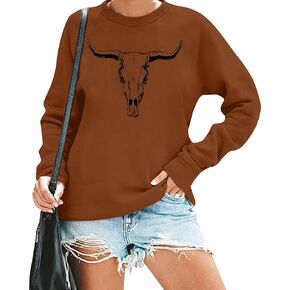 UNIQUEONE Boho Cow Skull Sweatshirt Women Cowgirl Shirt Rodeo Western Country Concert Outfits Nashville Graphic Pullover Tops