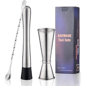Gold Muddler for Cocktails, 10 Inches Bar Spoon, 1 oz 2 oz Double Jigger- Premium 3 Piece Gold Mixing Tools Set for Drinks