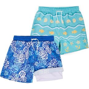 BIG ELEPHANT 2 Packs Boys Swim Trunks with Compression Liner, UPF 50+ Kids Bathing Suit, Quick Dry Swimming Shorts