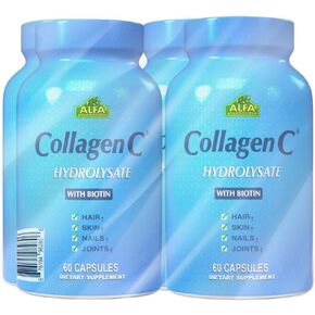 ALFA VITAMINS CollagenC Hydrolysate - Collagen capsules 4 pack with Biotin & Vitamin C - 60 capsules per bottle for Skin, Hair, Nails, Immune & Joint Support - 4 PACK