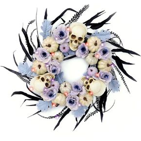 DecorbyHannah Halloween Wreath, 20 Inch Halloween Door Wreath with Lights, Scary Halloween Decorations with Roses Skull Pumpkin for Porch Window Outdoor Indoor Home Party Decor