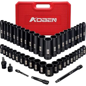 AOBEN 3/8-Inch Drive Impact Socket Set, 49 Pieces,6 Point (5/16" - 3/4", 8mm - 22mm), Deep/Shallow, Includes 3", 6" Extension bars, 3/8" Universal Joint, 1/2" to 3/8" adaptor, 3/8" Inch Socket Adapter